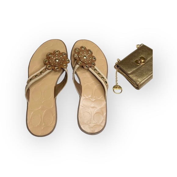 new Coach ❃ Kelby Flower Hardware Sandals ❃ Latte Leather Gold Hardware 8.5M - Picture 1 of 16